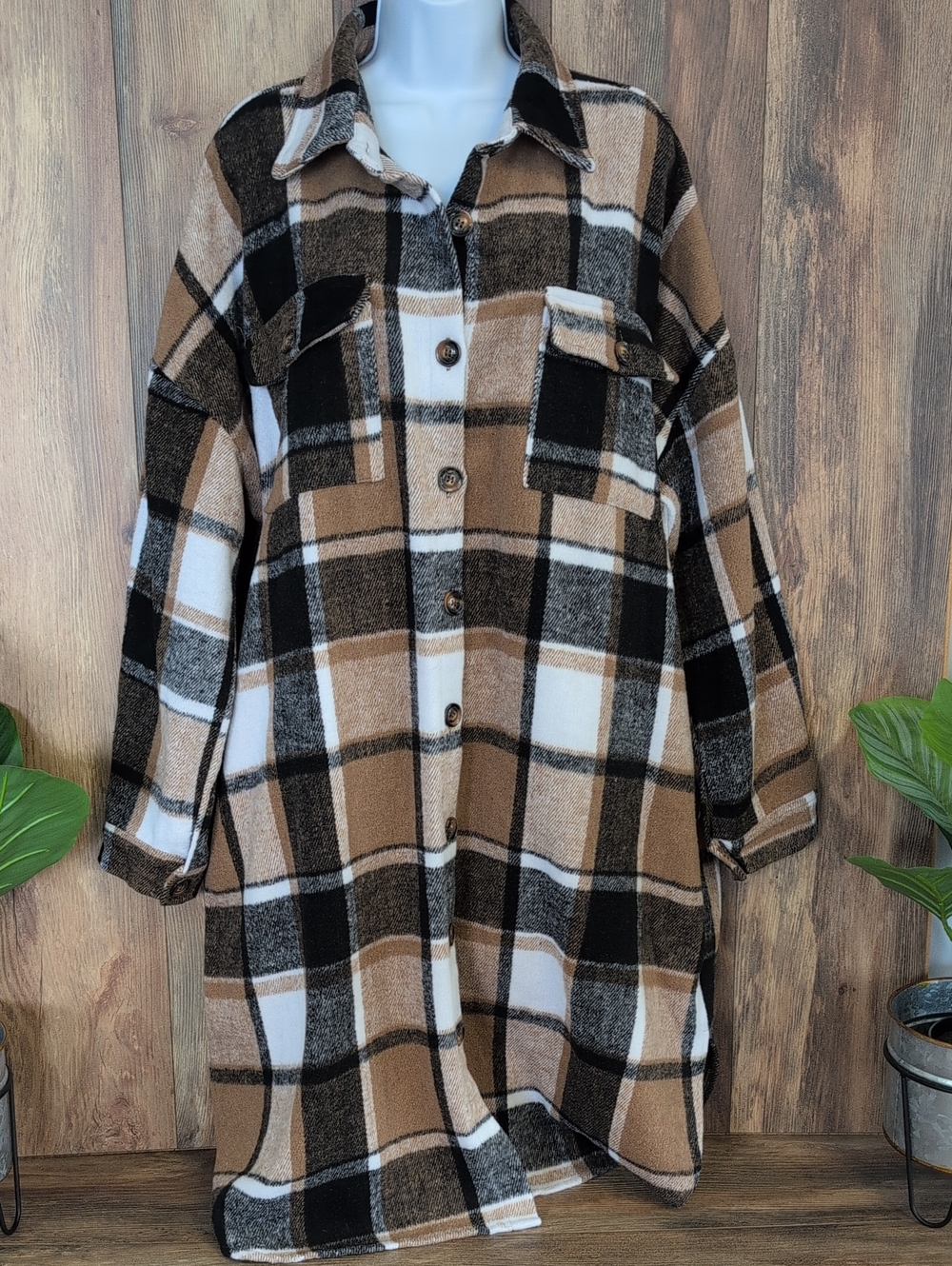Brown Black White Plaid Button-Up Shacket Long Jacket 2XL W394
